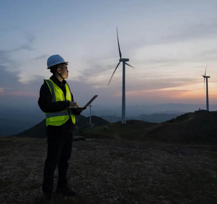 An image of a worker wearing a utility vest and security helmet whilst on his laptop. In the background there are multiple windmills and it is during blue hour.